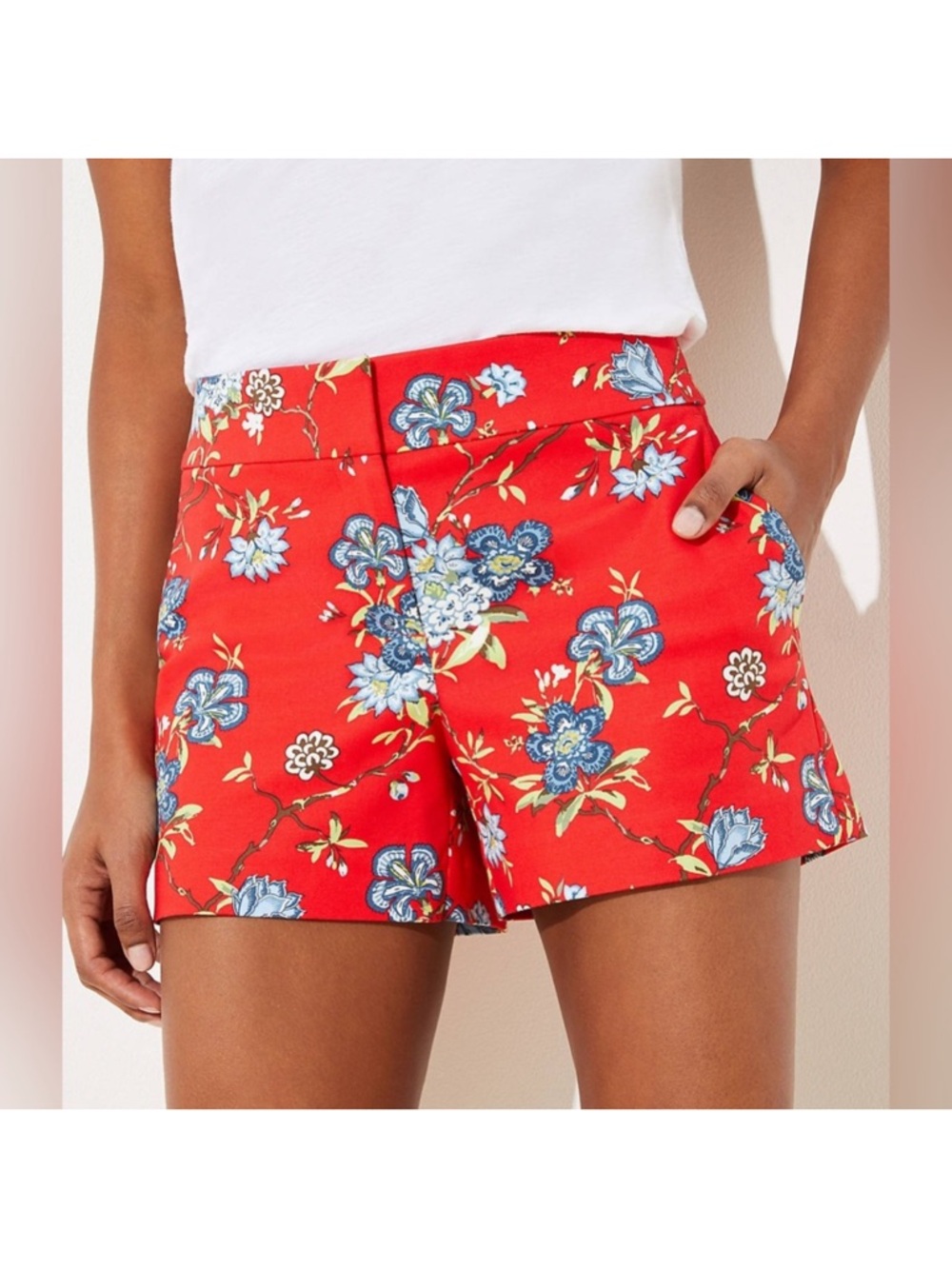 LOFT Red High-Waist Floral Shorts